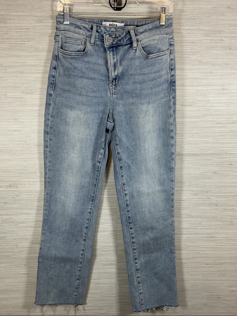 Mica Light Wash crossover Waist High Rise Straight Jeans Frayed Hem 27